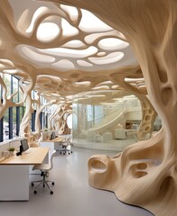 an office with wooden furniture and large wood sculptures on the ceiling, as well as it is in this image