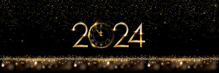 2024 Happy New Year clock countdown background. Gold glitter shining in light with sparkles abstract celebration. Greeting festive card vector illustration. Merry holiday poster or wallpaper design - obrazy, fototapety, plakaty