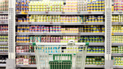 supermarket shelves, blurred background, empty store