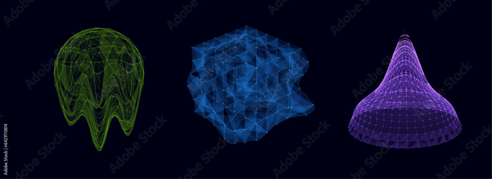 Poster vector set sci-fi sphere, cube, pyramid with particles and lines with glitch effect. concept network