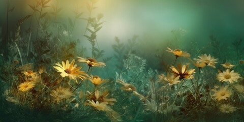 Fototapeta na wymiar Beautiful abstract gold and green misty morning photo floral design background banner. beautiful Generative AI AIG32