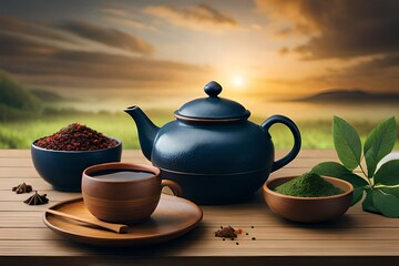 teapot and cup of tea on the wooden table - obrazy, fototapety, plakaty