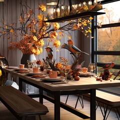 a dining table set for thanksgiving dinner with fall leaves and birds on the branches in the background is an open window