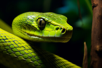 Fototapeta premium Close-up of a green mamba in the Amazon forest