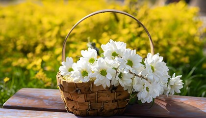 Fototapeta na wymiar a wooden basket brimming with delicate white flowers,