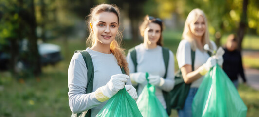 Team of diverse volunteer workers do charitable social work outdoors in cleaning up garbage and waste separation project, at the park background