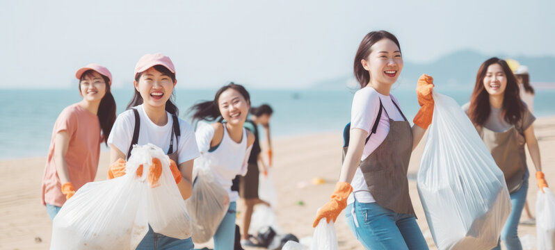 Team of diverse volunteer enjoy workers do charitable social work outdoors in cleaning up garbage and waste separation project, at theseaside park background