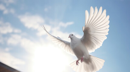 Obraz premium A white dove in the blue sky air with wings wide open in front of the sun. Freedom concept and international day of peace. Generative Ai