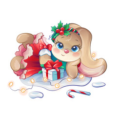 Christmas Bunny: A Festive Vector Illustration in a series featuring adorable cartoon rabbits. Ideal for holiday prints, cards, and gifts.