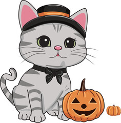 Obraz premium cute Halloween fat gray tabby cat, pumpkin trick or treat vector illustration