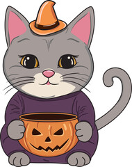 cute Halloween fat gray cat, pumpkin trick or treat vector illustration