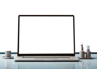 laptop with a blank screen, Sleek Silver Workspace: Modern Office with Desktop Computer and Blank Monitor, Stylish Design