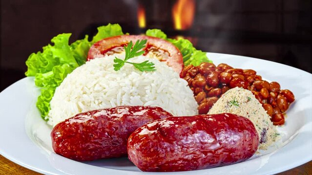 Plate with sausage, rice, beans, salad and farofa