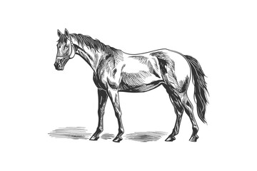 Horse Standing Hand Drawn Sketch Woodcut Style. Vector illustration design.