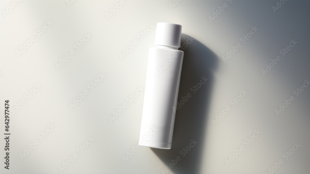 Poster minimalist white bottle resting on a light surface, casting a soft shadow in natural light, showcasi