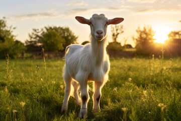 Obraz premium Animals landscape domestic green grass farming baby cute goat rural sun