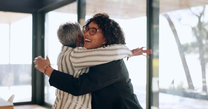 CEO, women or happy people high five for success in celebration of goals or sales target in office. Winner, senior manager or proud employees hug for winning a bonus, team mission or business deal