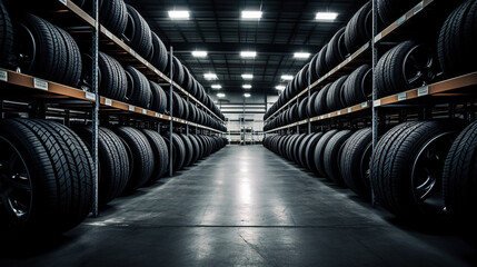 Car tires in warehouse - obrazy, fototapety, plakaty