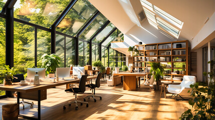Modern office with skylights, wooden floors, and greenery