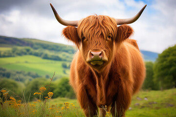 A highland cow scotland in a green field