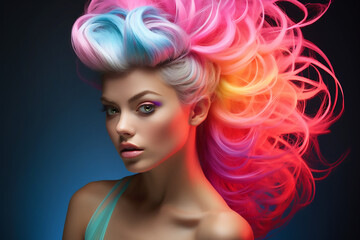 Portrait of a beautiful girl with rainbow neon hair style on black background. Generative AI