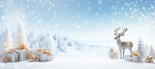 Christmas background with gold decorative deer and gift box in snow on evening blue sky background in snowfall. Banner format, copy space