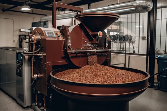 coffee beans being milled into a grinder in a commercial coffee roasting machine at the company's factory