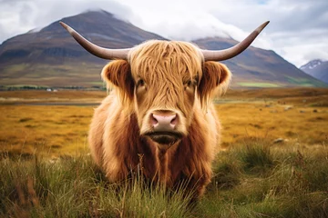 Papier Peint photo Highlander écossais A highland cow scotland in a green field
