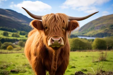 Papier Peint photo Highlander écossais A highland cow scotland in a green field