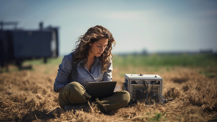 Female scientist with laptop in agricultural field, intensely studying data beside a soil monitoring device. Concept of on-site agricultural research, soil quality tracking, advanced farming. - obrazy, fototapety, plakaty