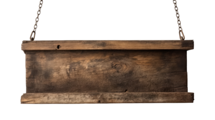 An old wooden sign with a place for text, hanging on chains. Isolated signboard.