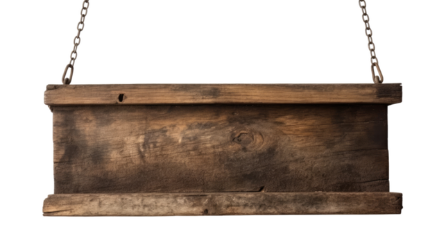 An old wooden sign with a place for text, hanging on chains. Isolated signboard.
