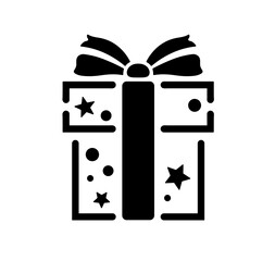 Vector isolated one single simple gift box with bow ribbon and stars colorless black and white outline silhouette shadow shape stencil solid black