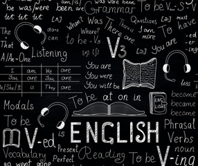 Educational vector seamless pattern about learning English language, chalk handwritings on a blackboard - obrazy, fototapety, plakaty