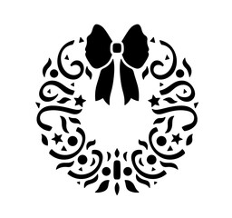 Vector isolated one single round Christmas wreath with bow ribbon and stars colorless black and white outline silhouette shadow shape stencil solid black
