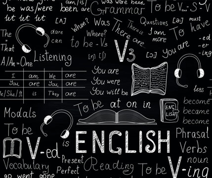 Educational vector seamless pattern about learning English language, chalk handwritings on a blackboard
