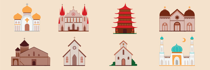 Church religious building set. Mosque, temple, synagogue, cathedral, orthodox, chapel, monastery. Hand drawn style vector illustration.
 - obrazy, fototapety, plakaty