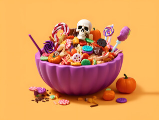 A bowl of candy and halloween decorations. AI Generated