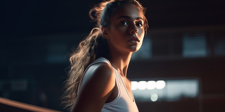 Close-up shot of beautiful woman playing tennis indoor lonely, tennis player