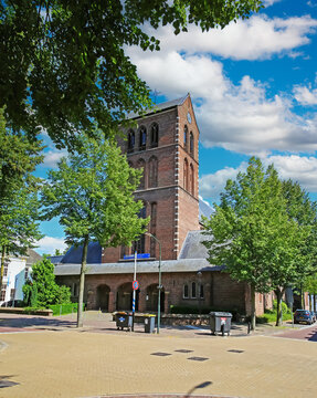 Oisterwijk, Netherlands (North Brabant) - July 9. 2023: Beautiful church tower in dutch town
