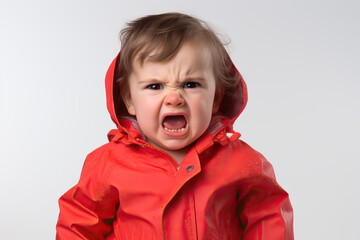 portrait of angry screaming toddler in raincoat, ai generated