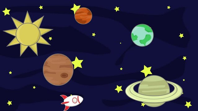 Animated video of a rocket plane flying in outer space with planets