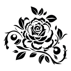 Rose decorative pattern, black silhouette on transparent background