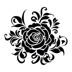 Rose decorative pattern, black silhouette on transparent background, stencil