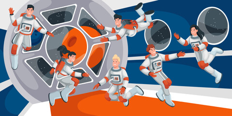 Astronauts flying in zero gravity in cockpit inside spaceship vector illustration. Cartoon astronauts in spacesuits fly in weightlessness in interior of starship, travel in space of spacecraft crew © Victoria Sergeeva