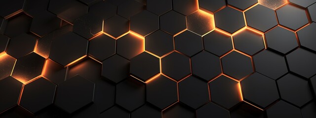 Abstract luxury digital geometric technology hexagonal background banner - Glowing golden, brown, gray and black hexagonal 3d wall texture