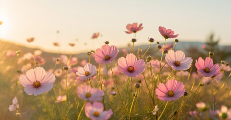 Fototapeta na wymiar meadow blooming background sunset garden pink flower field beautiful violet nature. Generative AI.