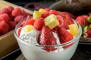 Wholesome Indulgence: 4K Close-Up of Healthy Yogurt with Fresh Strawberries and Berries
