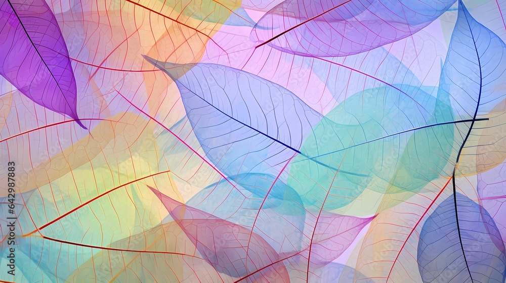 Poster skeletal leaves in a kaleidoscope of colors. transparent silhouettes of skeleton leaves on a multi-c
