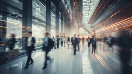 Dynamic Corporate Hub: Captivating Long Exposure of a Bustling Modern Office Corridor Teeming with Busy Business Professionals.